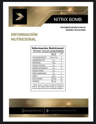 Botella de suplemento Nitrix Bomb con texto que describe sus beneficios y usos.