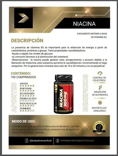 Folleto del suplemento de niacina. Un frasco con la etiqueta "Niacina 300 mg" y sus beneficios.