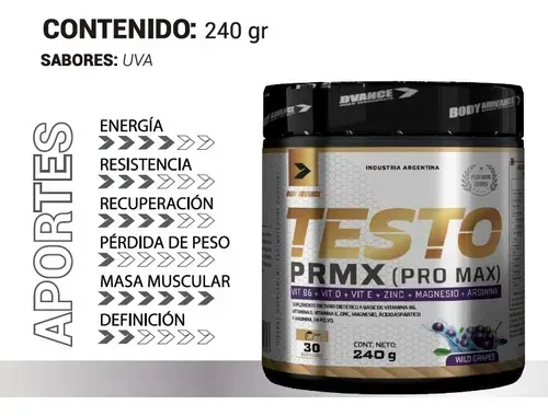 Envase del suplemento “Testo PRMX” con sabor a uva y beneficios para la salud enumerados en el lateral.
