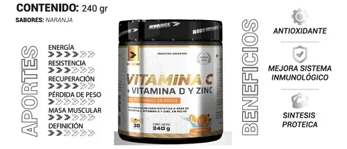 Envase de suplemento de vitamina C con beneficios nutricionales enumerados: antioxidante, inmunidad mejorada, síntesis de proteínas.
