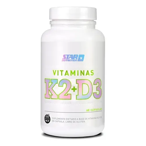 Botella blanca de cápsulas de vitaminas K2+D3 de Star Nutrition.