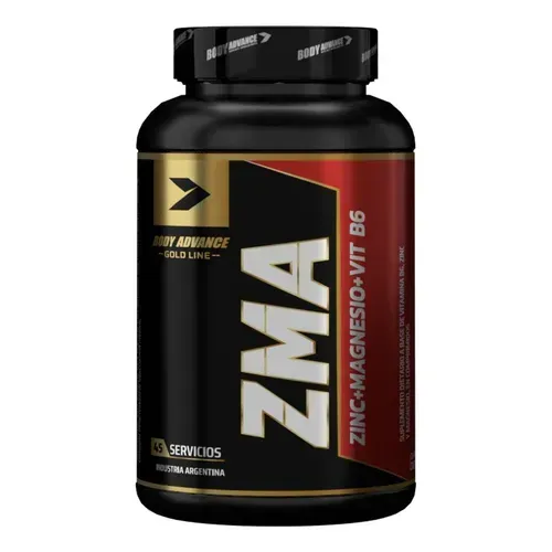 Botella de suplemento ZMA con etiqueta negra y dorada, detalles en rojo.
