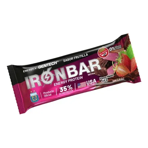 Barrita proteica IronBar de Gentech, en un envoltorio amarillo y negro con texto e imágenes de chocolate y cacahuetes.