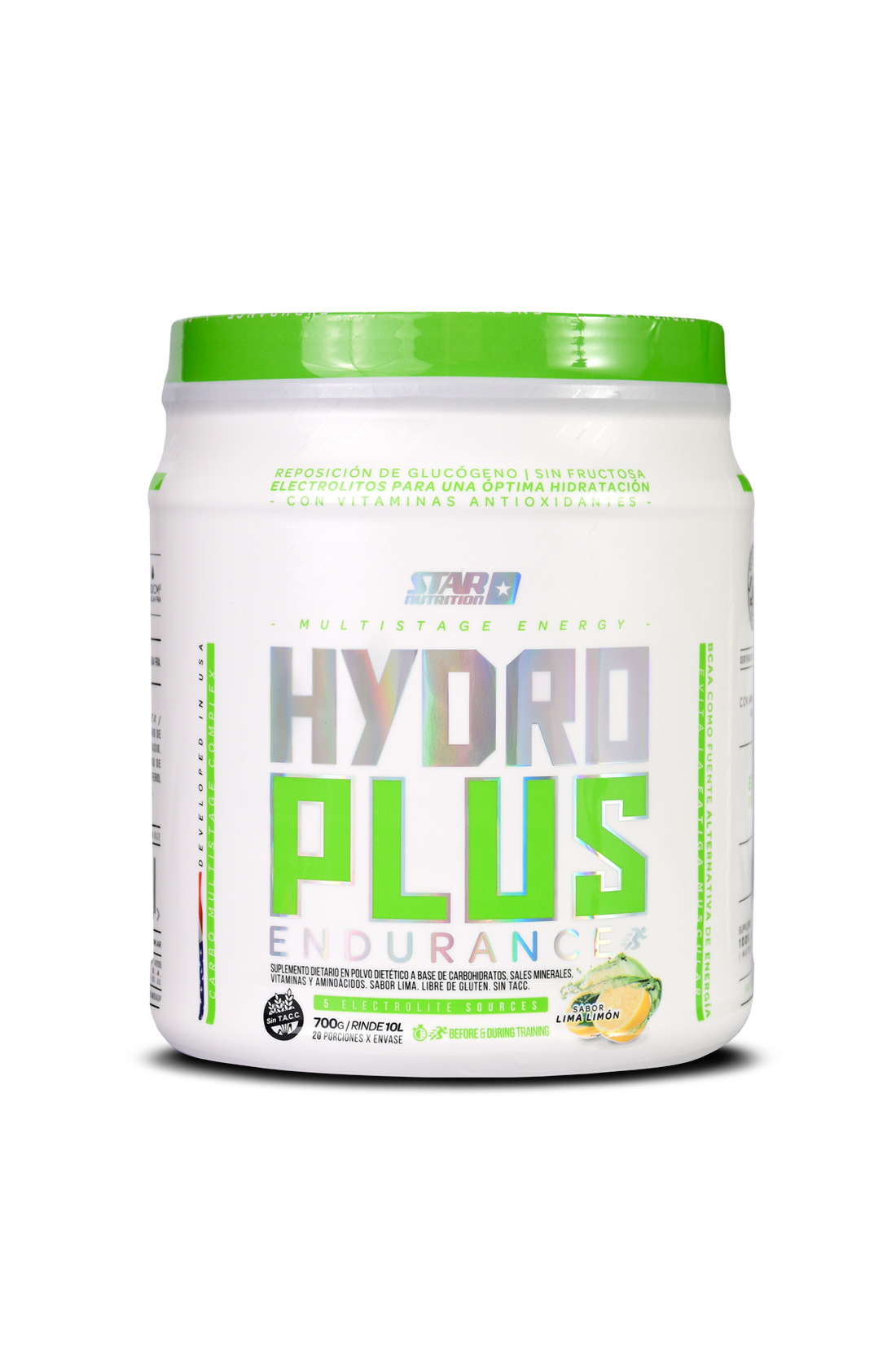 Tarrina blanca de suplemento deportivo “Hydro Plus Endurance”, detalles en verde lima.