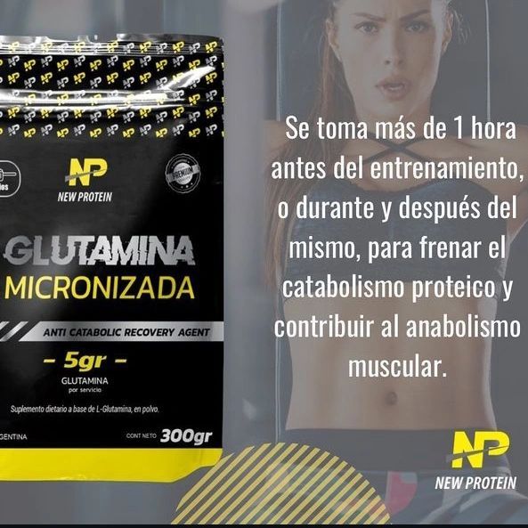 Anuncio de producto de glutamina en polvo, con información sobre sus beneficios, protagonizado por una mujer.