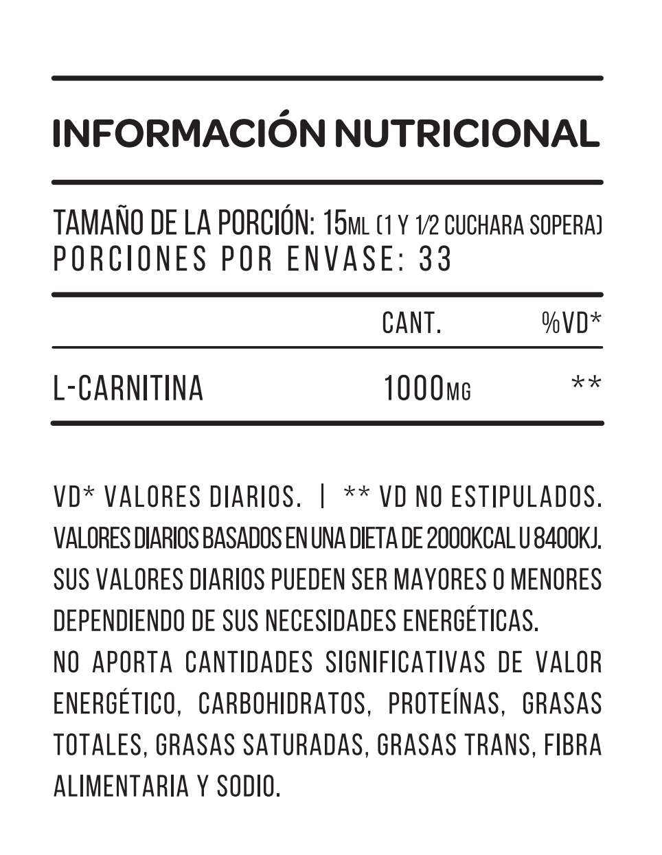 Botella de suplemento L-Carnitina Líquida, etiqueta blanca y verde, sabor naranja, sobre fondo blanco.