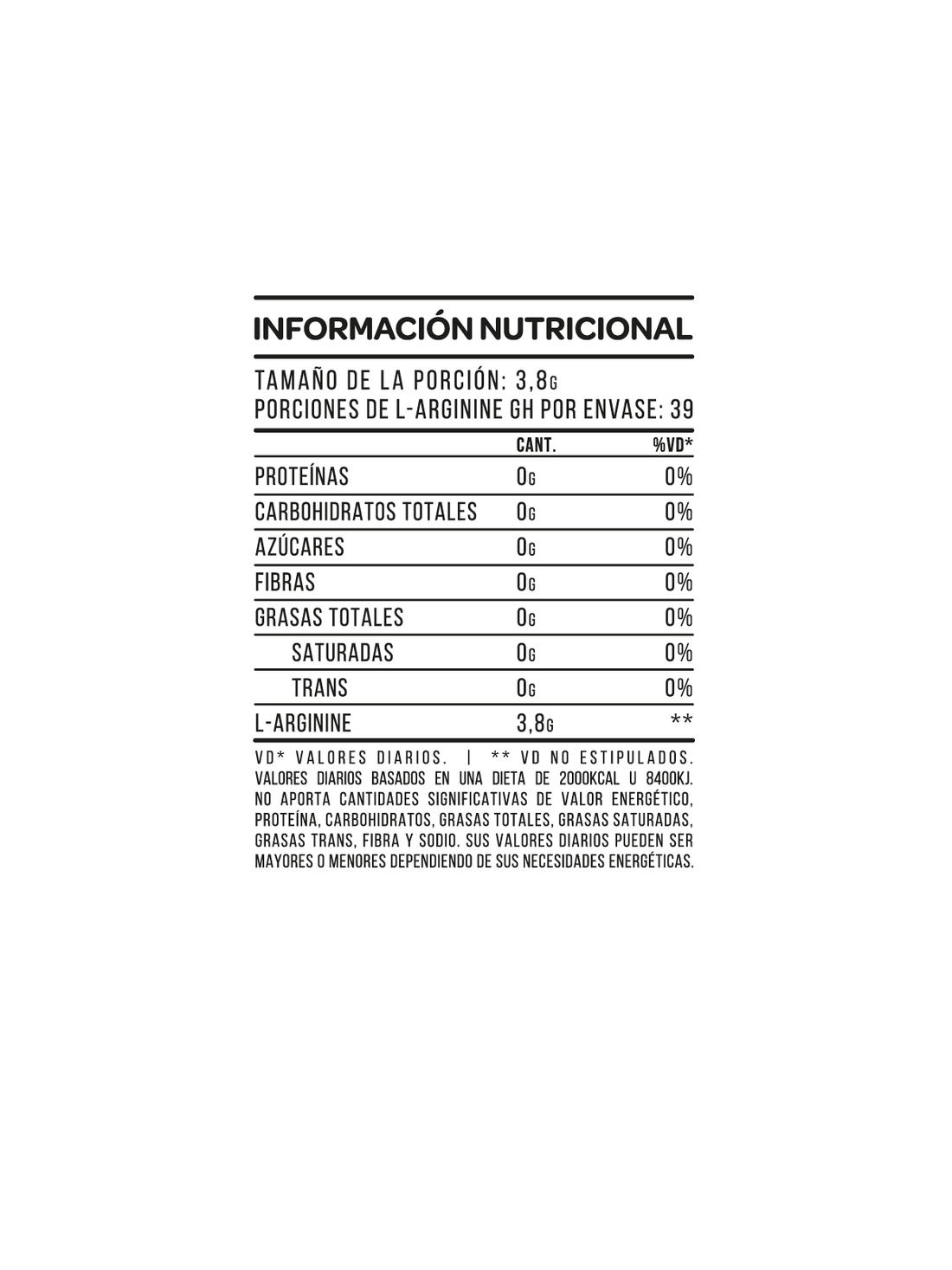 Envase blanco de suplemento de L-Arginina con texto en verde y negro. La inscripción 