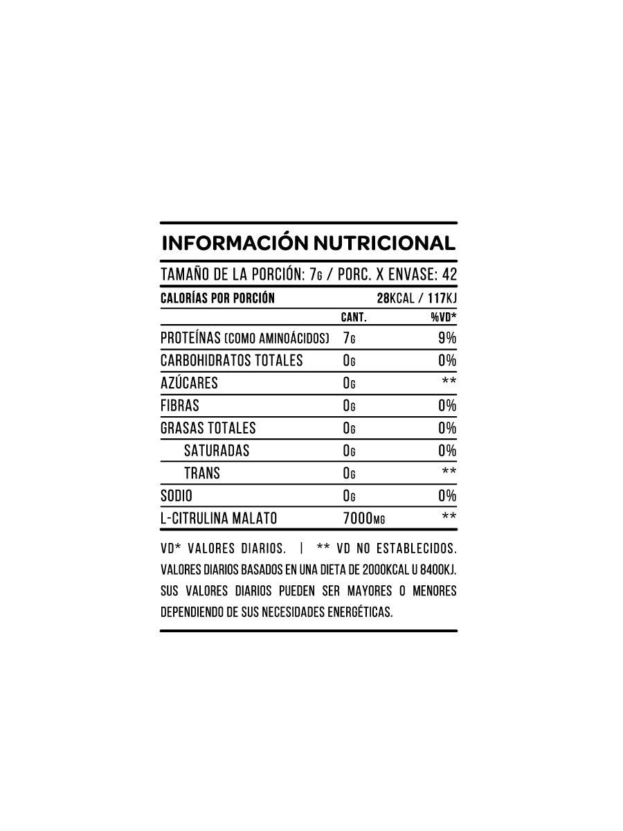 Envase blanco de suplemento de L-citrulina malato en polvo con texto verde y plateado.