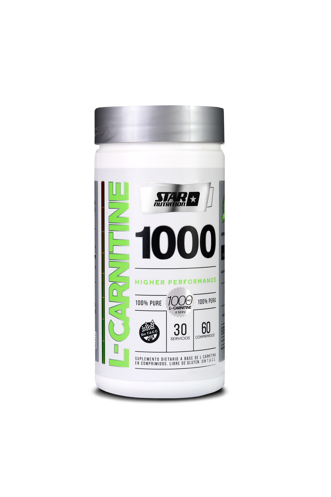 Envase blanco de suplemento L-Carnitina 1000 con texto verde y negro y tapa plateada.