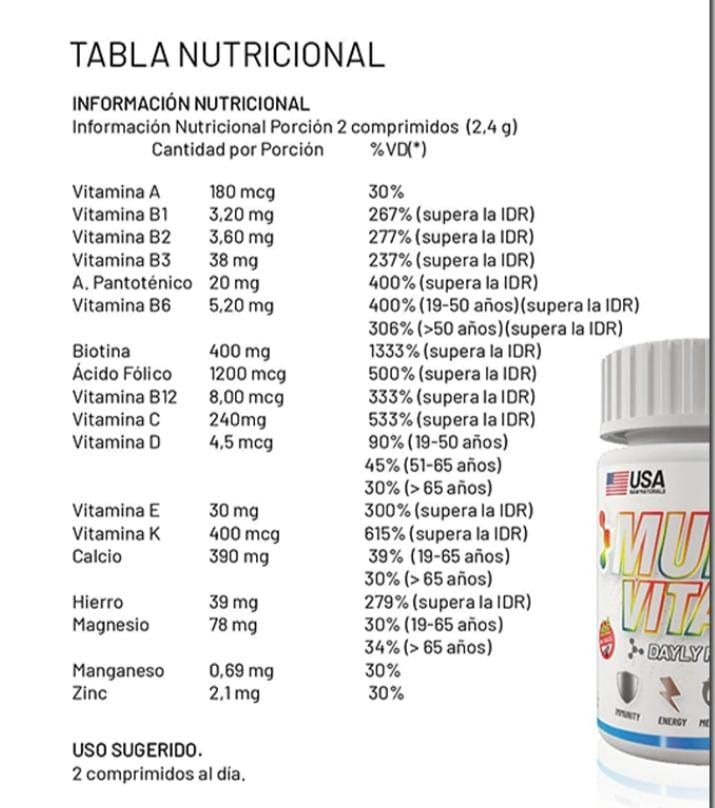 Botella blanca de suplementos multivitamínicos GenTech.