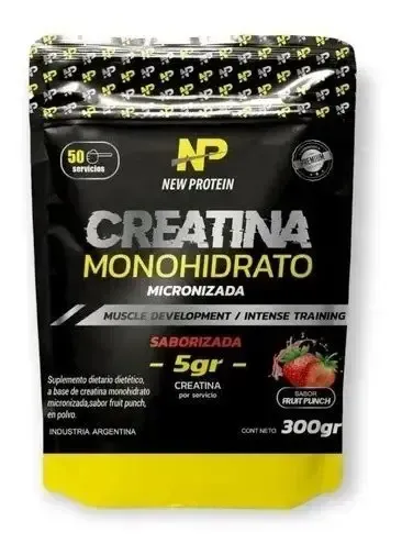 Suplemento de monohidrato de creatina en paquete negro, amarillo y blanco.