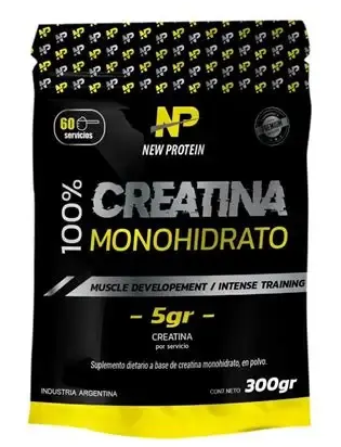 Suplemento de monohidrato de creatina en paquete negro, amarillo y blanco.