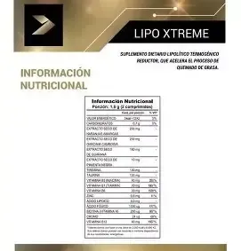 Botella negra y dorada de suplemento termogénico “Lipo Xtreme” con etiqueta verde.