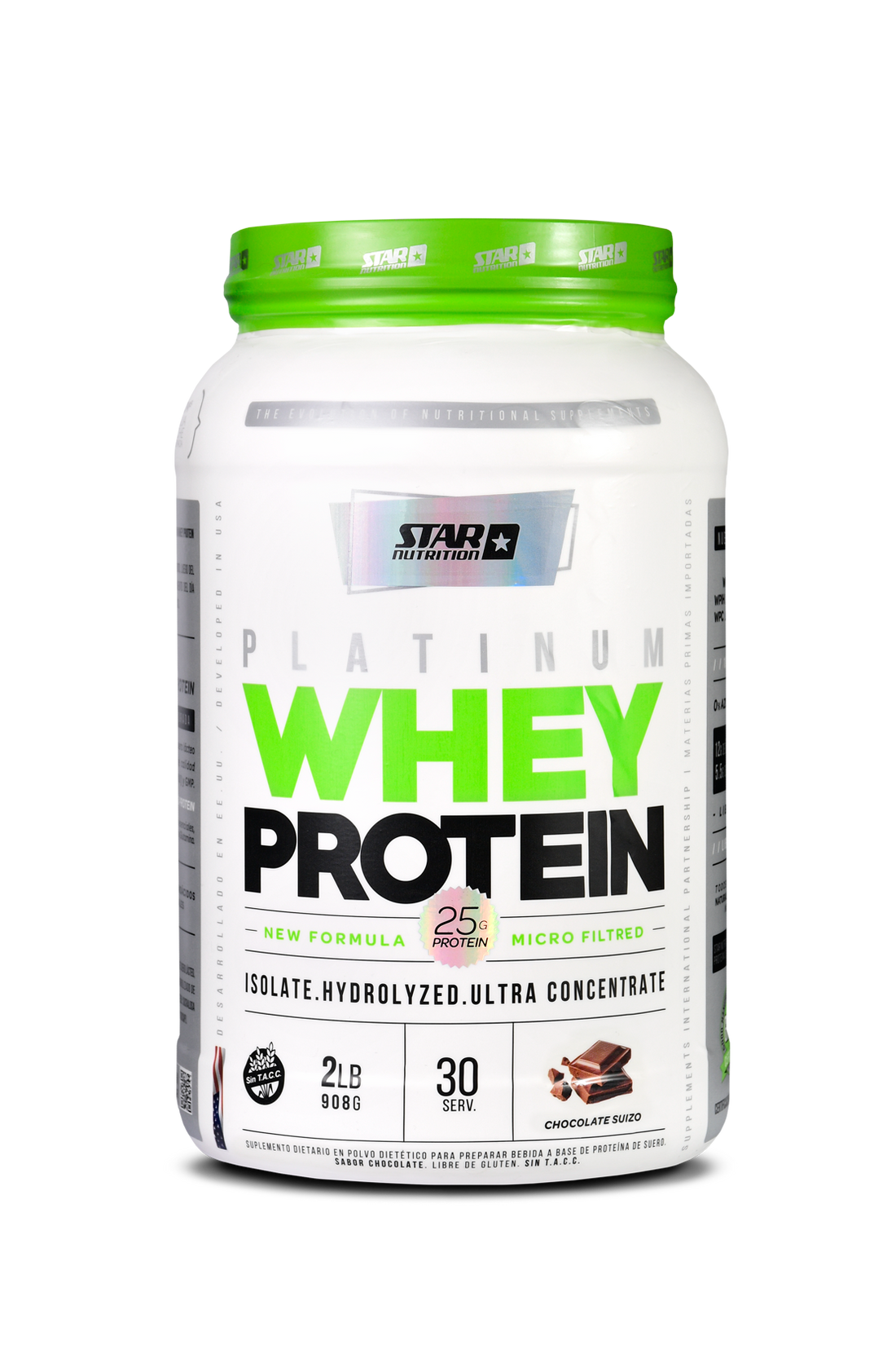Envase blanco de Star Nutrition Platinum Whey Protein, con texto verde y negro.