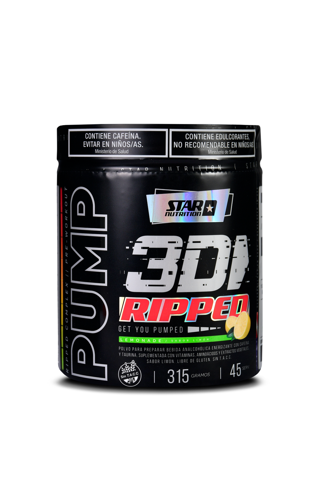 Recipiente suplementario de color negro con la etiqueta "PUMP 3D RIPPED", con un logotipo de estrella y texto en blanco, verde y rojo.