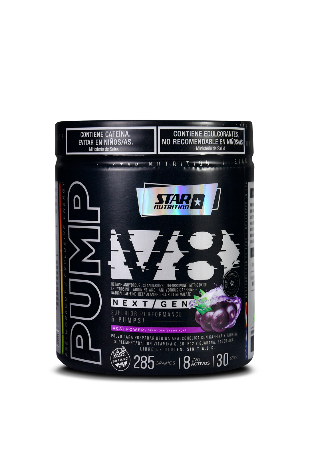 Envase de suplemento negro etiquetado "Pump V8", ilustración de fruta.