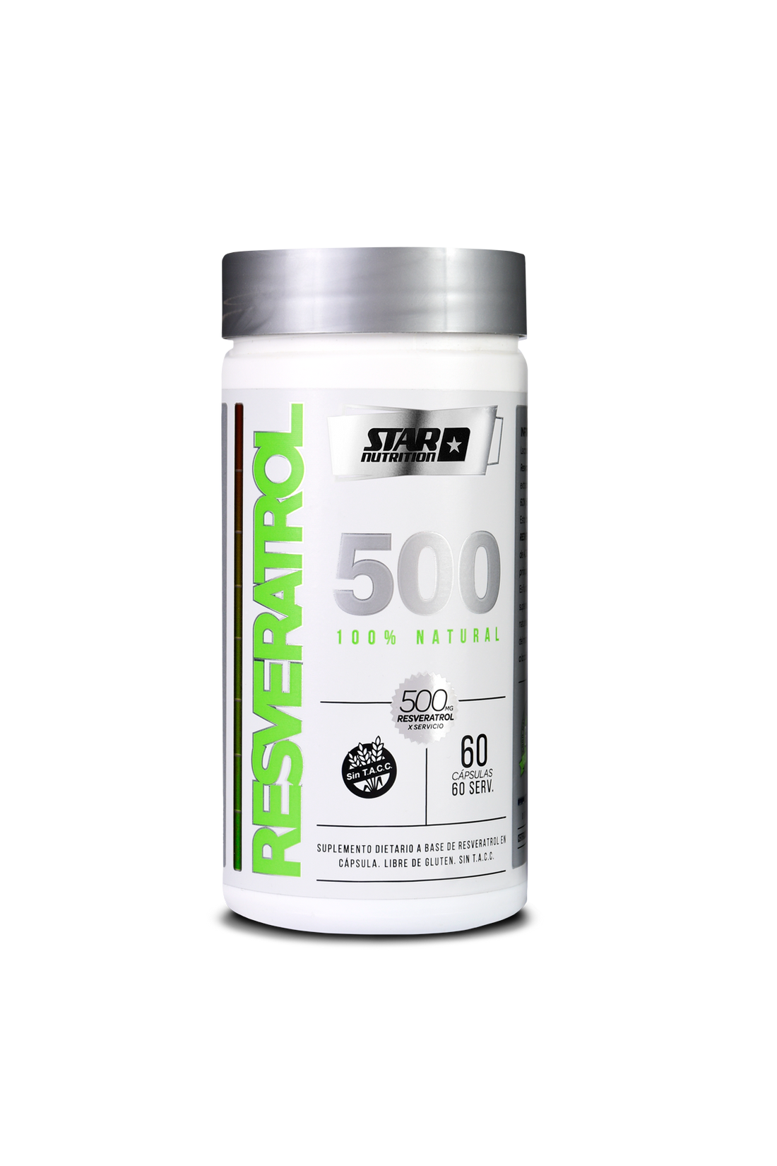 Botella blanca de suplementos "Resveratrol 500". Etiquetas verdes y plateadas.