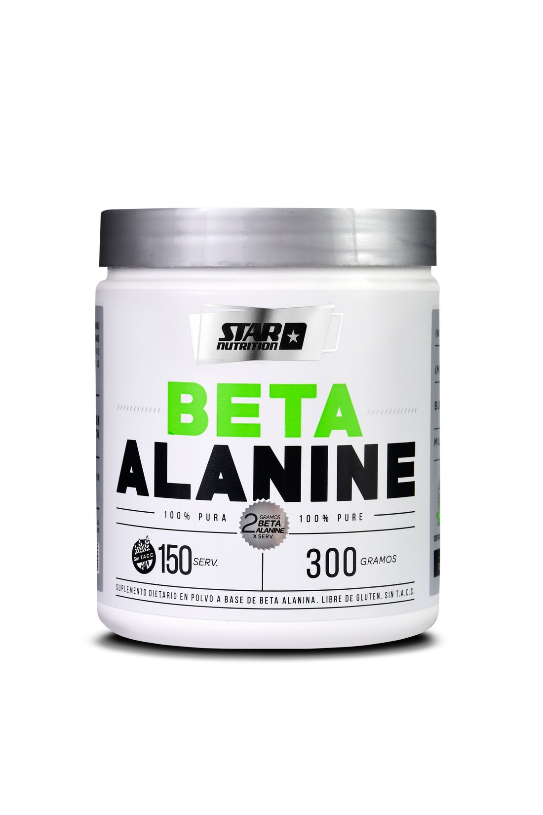 Tarro blanco de suplemento Beta Alanina de Star Labs con texto verde y negro.