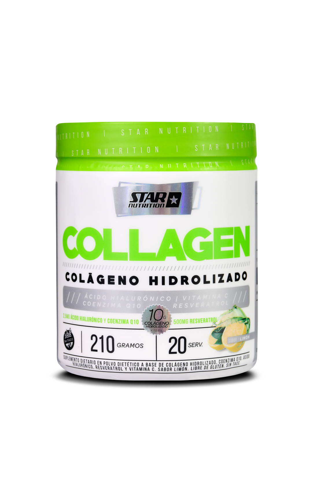 Envase de colágeno en polvo blanco con etiquetas verdes y plateadas. "COLÁGENO" en letras grandes.
