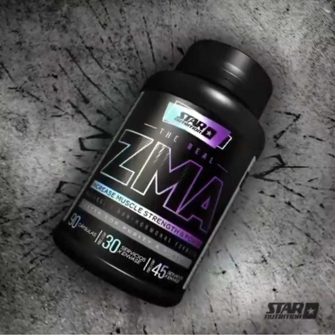 Botella negra de suplemento "ZMA" sobre una superficie gris texturizada.