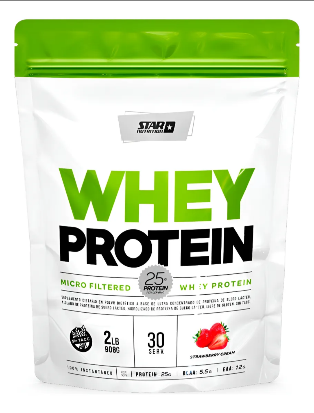 Bolsa blanca de Zero Whey Protein, texto verde y negro, sabor vainilla.
