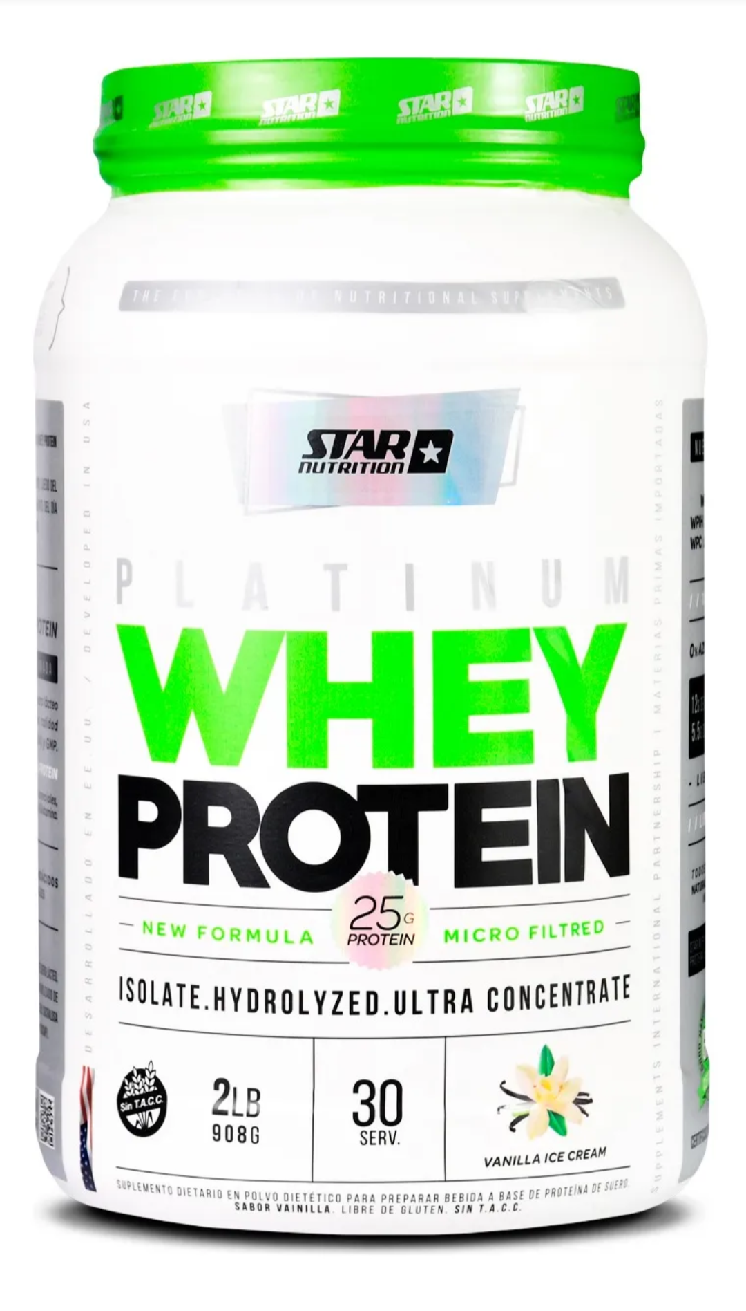 Envase blanco de Star Nutrition Platinum Whey Protein, con texto verde y negro.