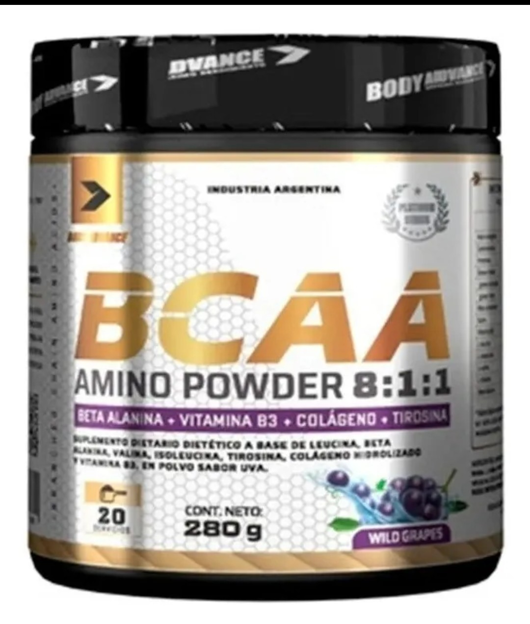 Suplemento en polvo de aminoácidos BCAA con lista de ingredientes. Sabor a uvas silvestres.