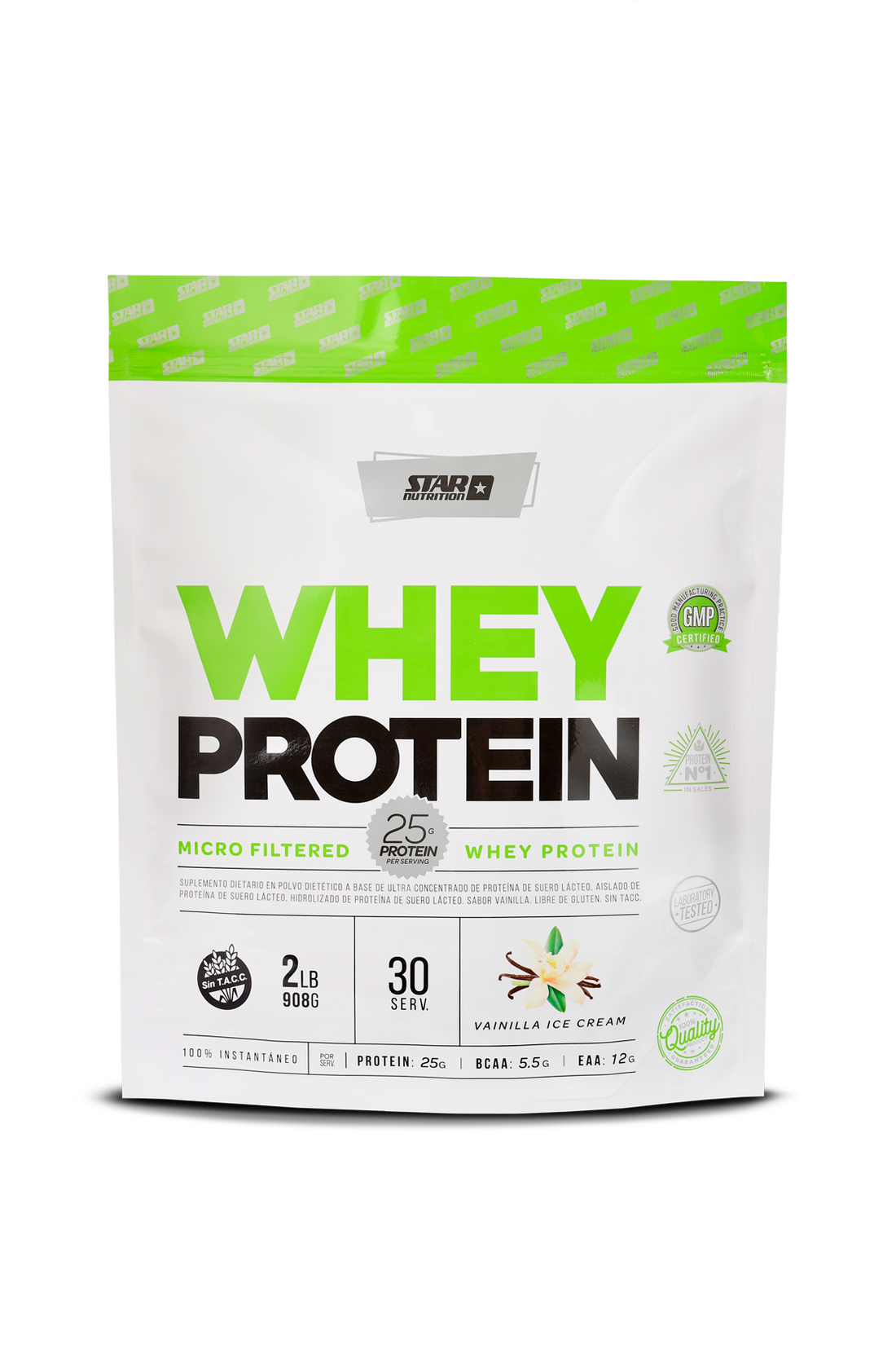 Bolsa blanca de Zero Whey Protein, texto verde y negro, sabor vainilla.