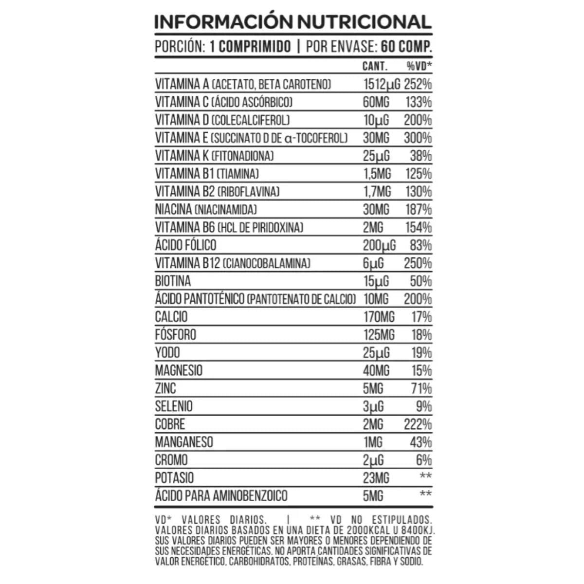 Botella de multivitaminas rodeada de frutas, nueces y yogur sobre una superficie de mármol.