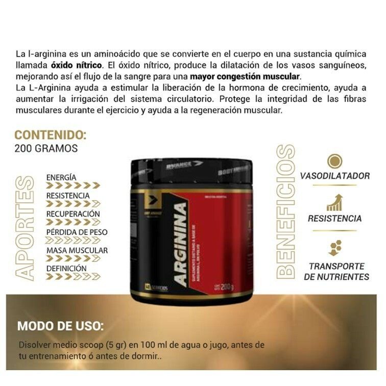 Envase de suplemento de L-Arginina con texto describiendo sus beneficios, usos y contenido (200 gramos).