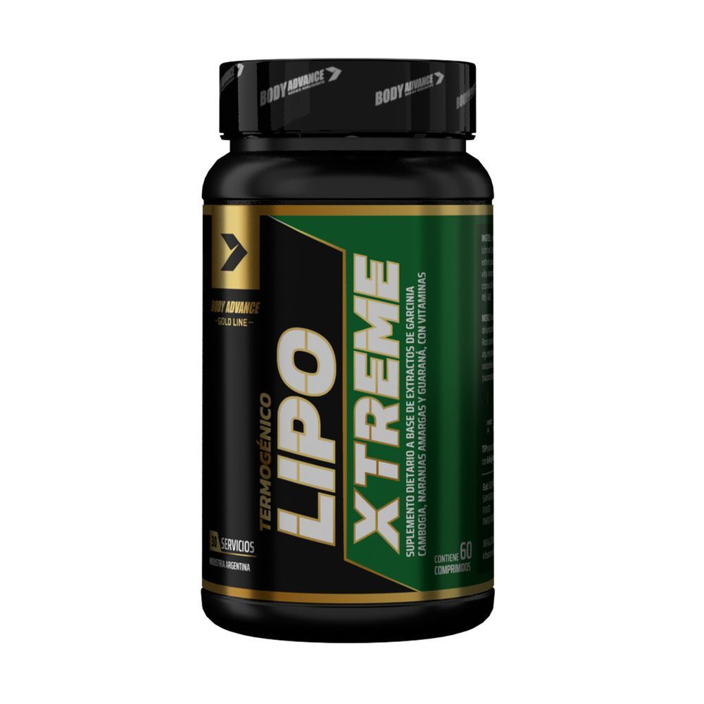 Botella negra y dorada de suplemento termogénico “Lipo Xtreme” con etiqueta verde.