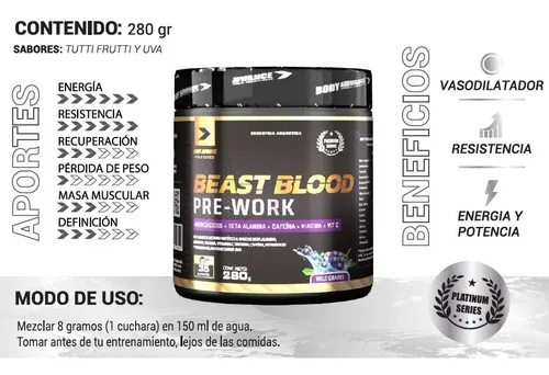 Envase de suplemento pre-entrenamiento Beast Blood con beneficios e instrucciones enumerados.