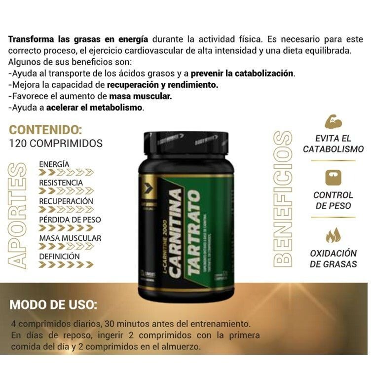 Botella de suplementos de "Carnitina Tartrato", que promueve la conversión de grasa en energía. Incluye instrucciones de uso.