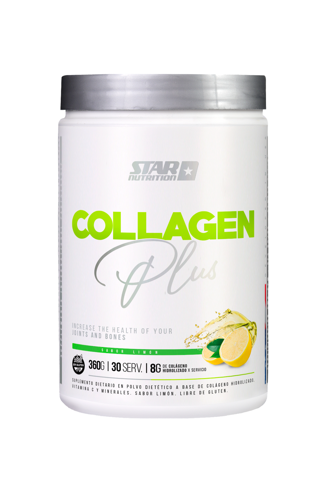 Tarrina blanca de suplemento Collagen Plus de Star Nutrition con gráficos de lima y limón.