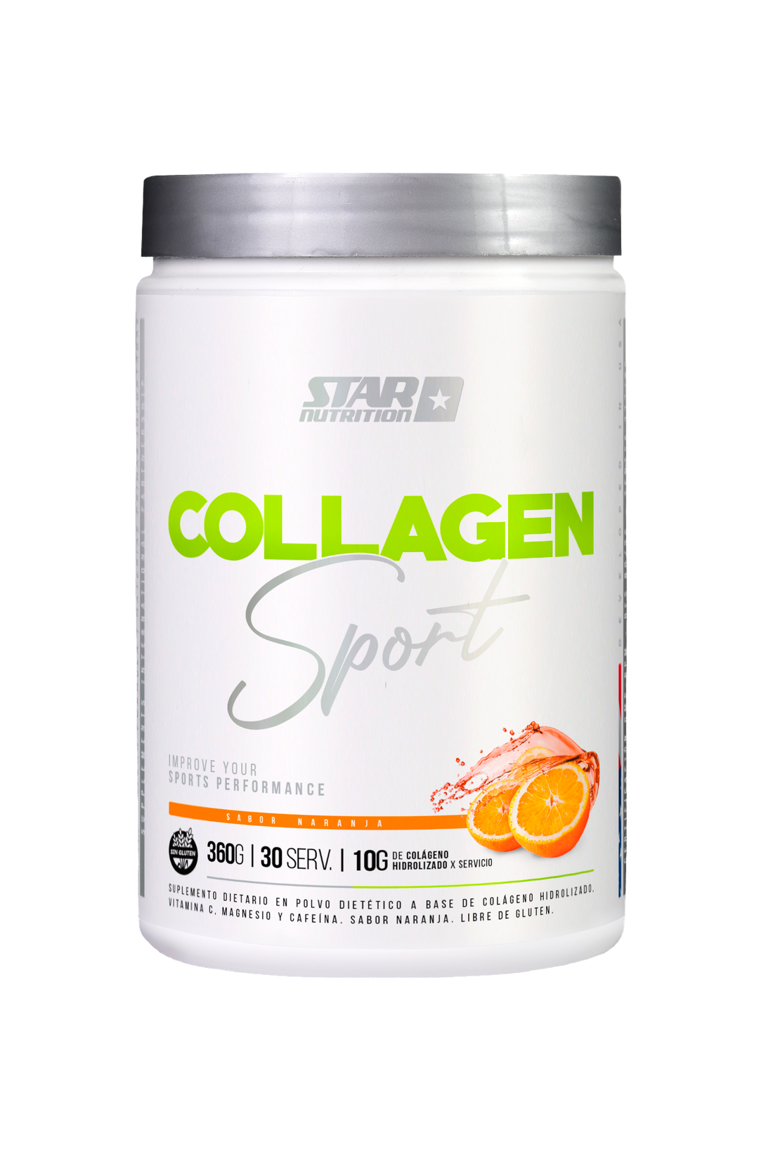 Un recipiente blanco de polvo Collagen Sport de Star Nutrition con rodajas de naranja, tapa plateada y texto verde y naranja.