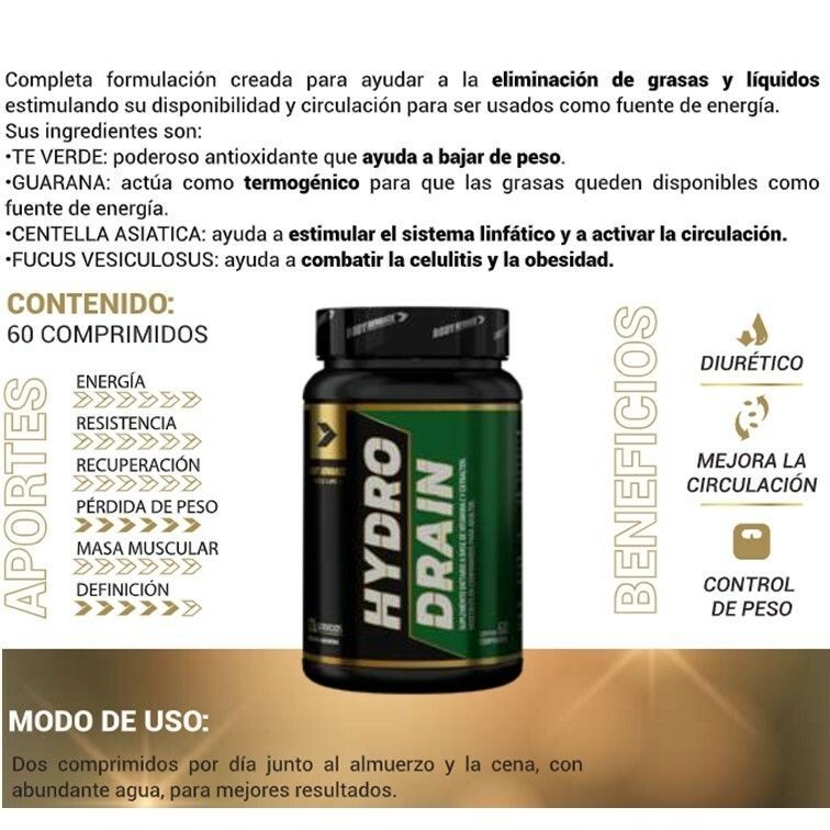 Botella de suplemento “Hydro Drain”, con descripción de ingredientes y beneficios.