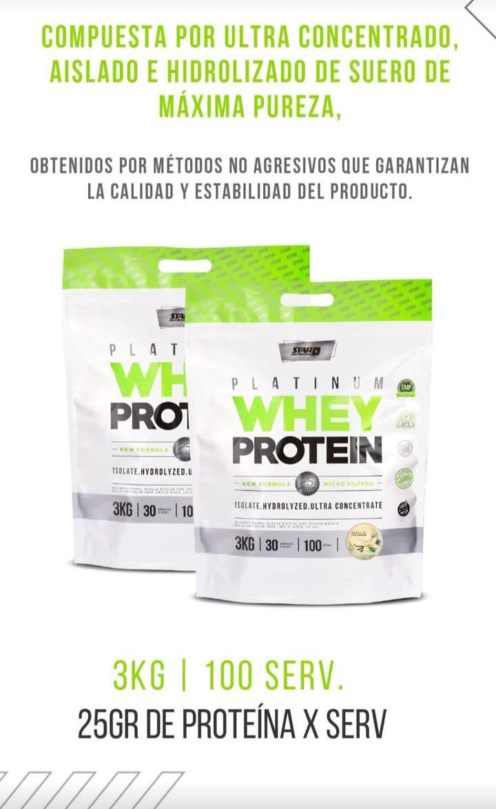 Dos bolsas blancas de proteína de suero Platinum. Las bolsas tienen detalles en verde y el texto: "Whey Protein" y "3 kg | 100 porciones. 25 g de proteína por porción".