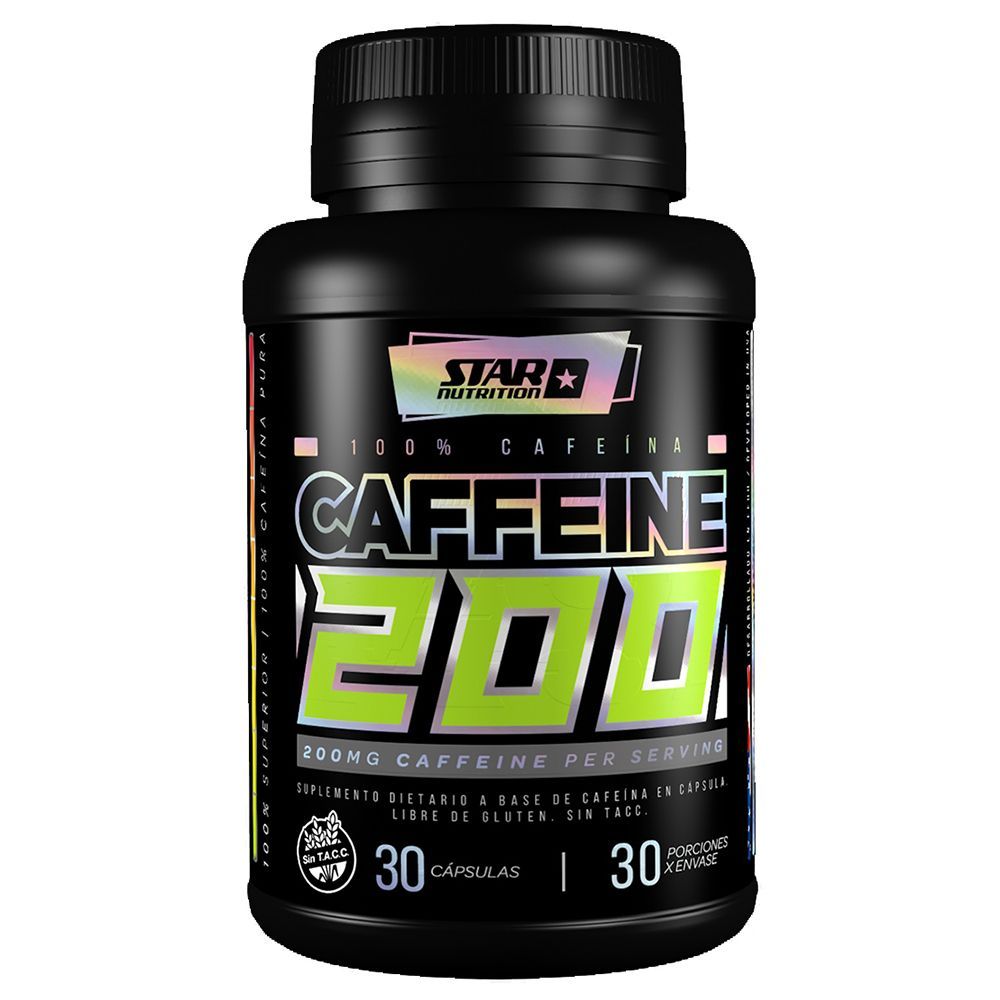Botella negra de suplemento Star Nutrition Caffeine 200 con texto verde y blanco, que contiene 30 cápsulas.