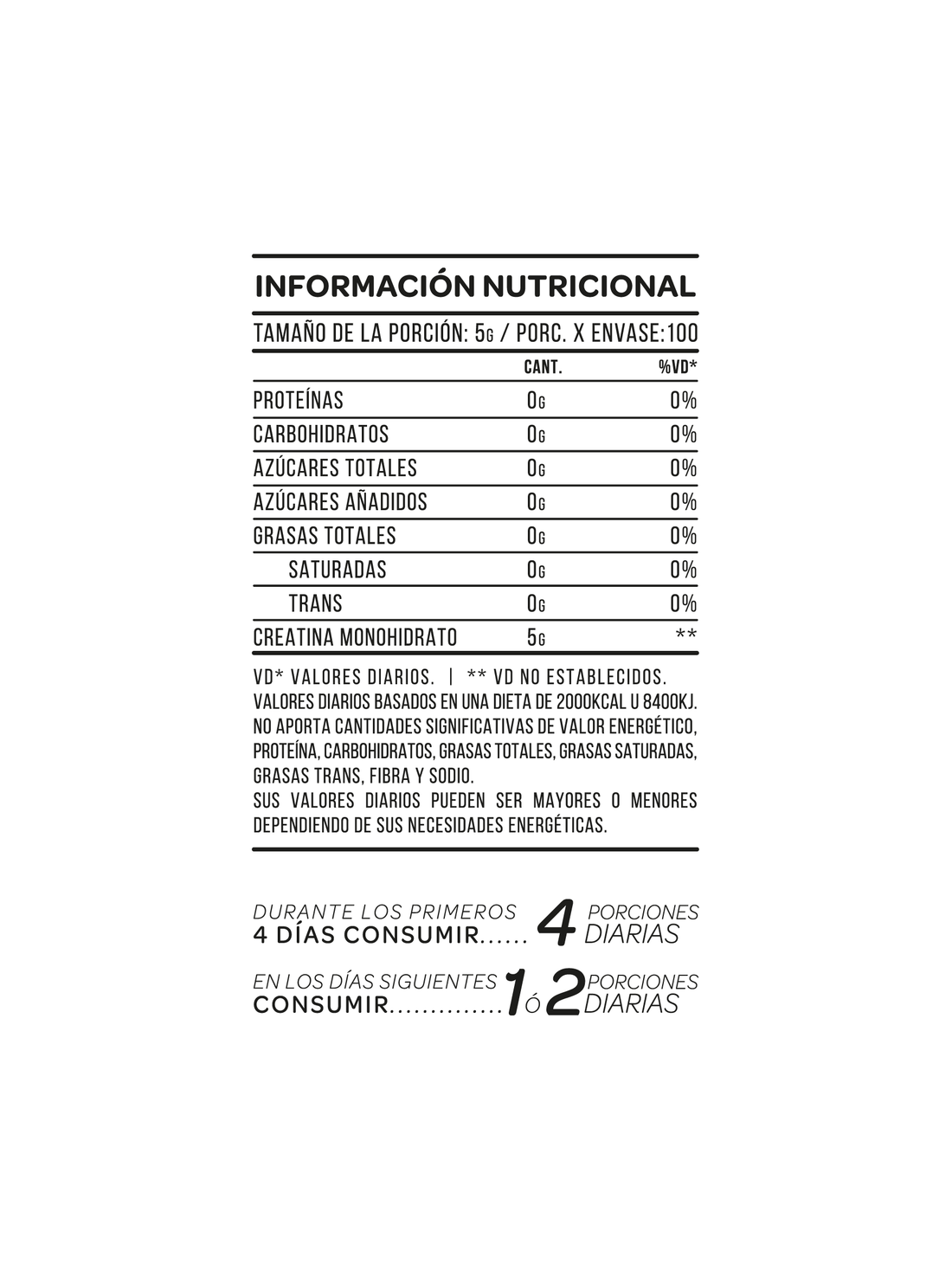 Envase de suplemento de Monohidrato de Creatina con etiquetas verdes y blancas, 500g, 100 raciones.