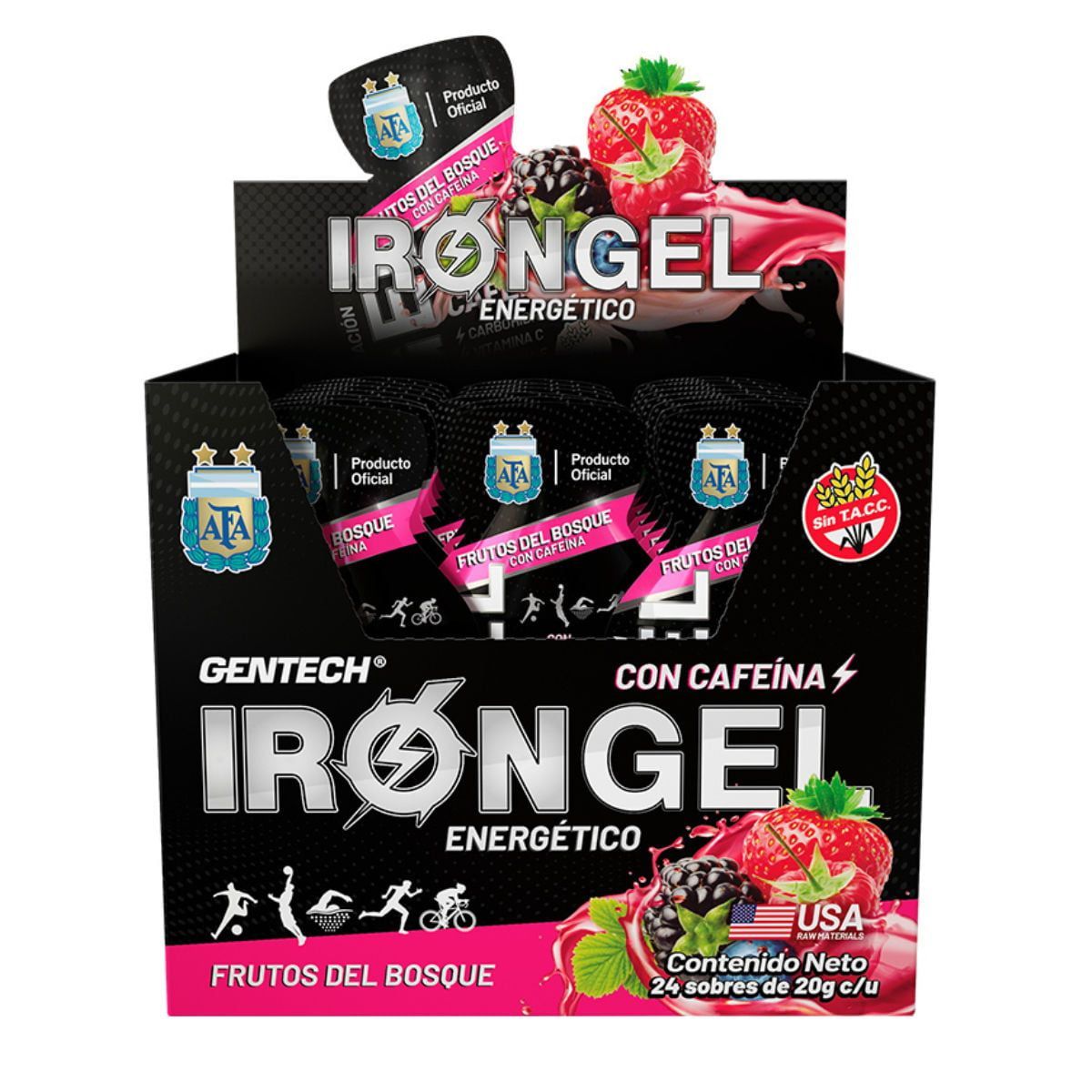 Caja de sobres de gel energético IRONGEL, sabor lima-limón, con cafeína y vitamina C.