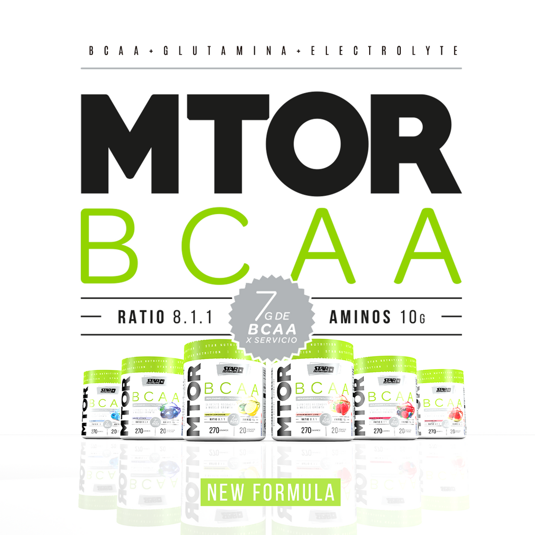 Publicidad del suplemento MTOR BCAA, que presenta varios envases coloridos y texto que promociona los beneficios del producto.