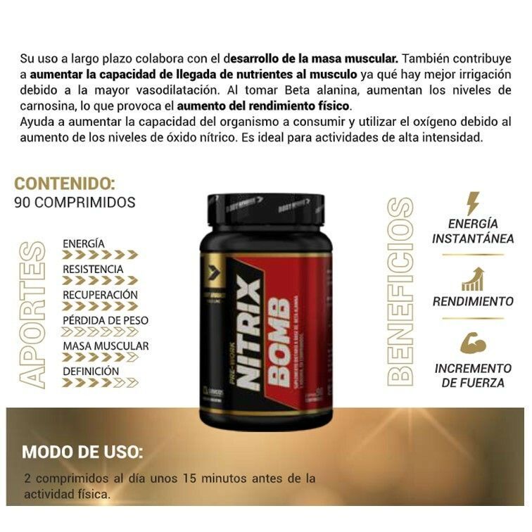 Botella de suplemento Nitrix Bomb con texto que describe sus beneficios y usos.