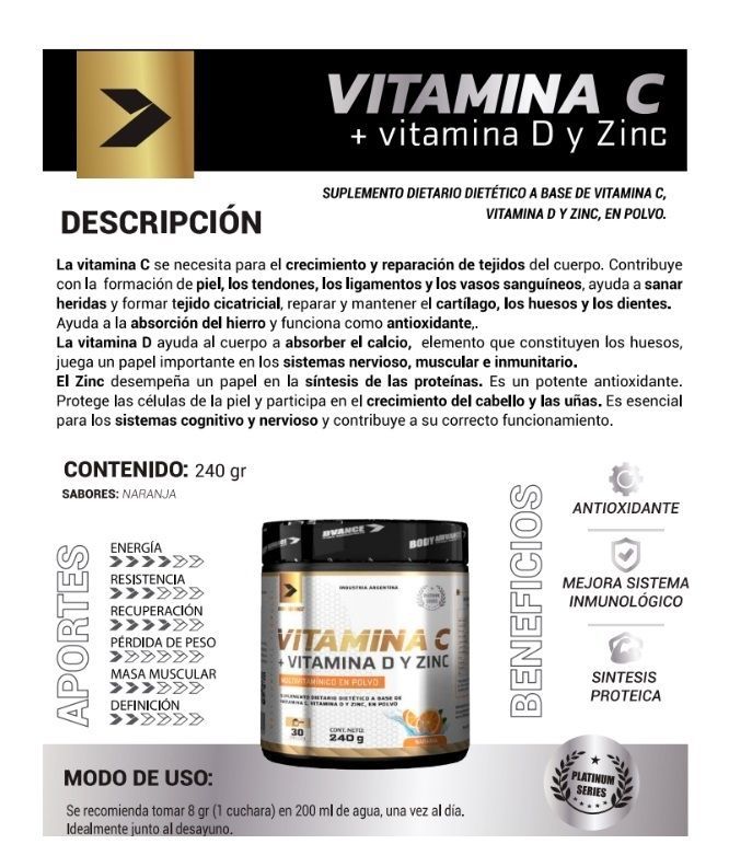 Envase de vitamina C en polvo, que enumera beneficios como el apoyo antioxidante y al sistema inmunológico.