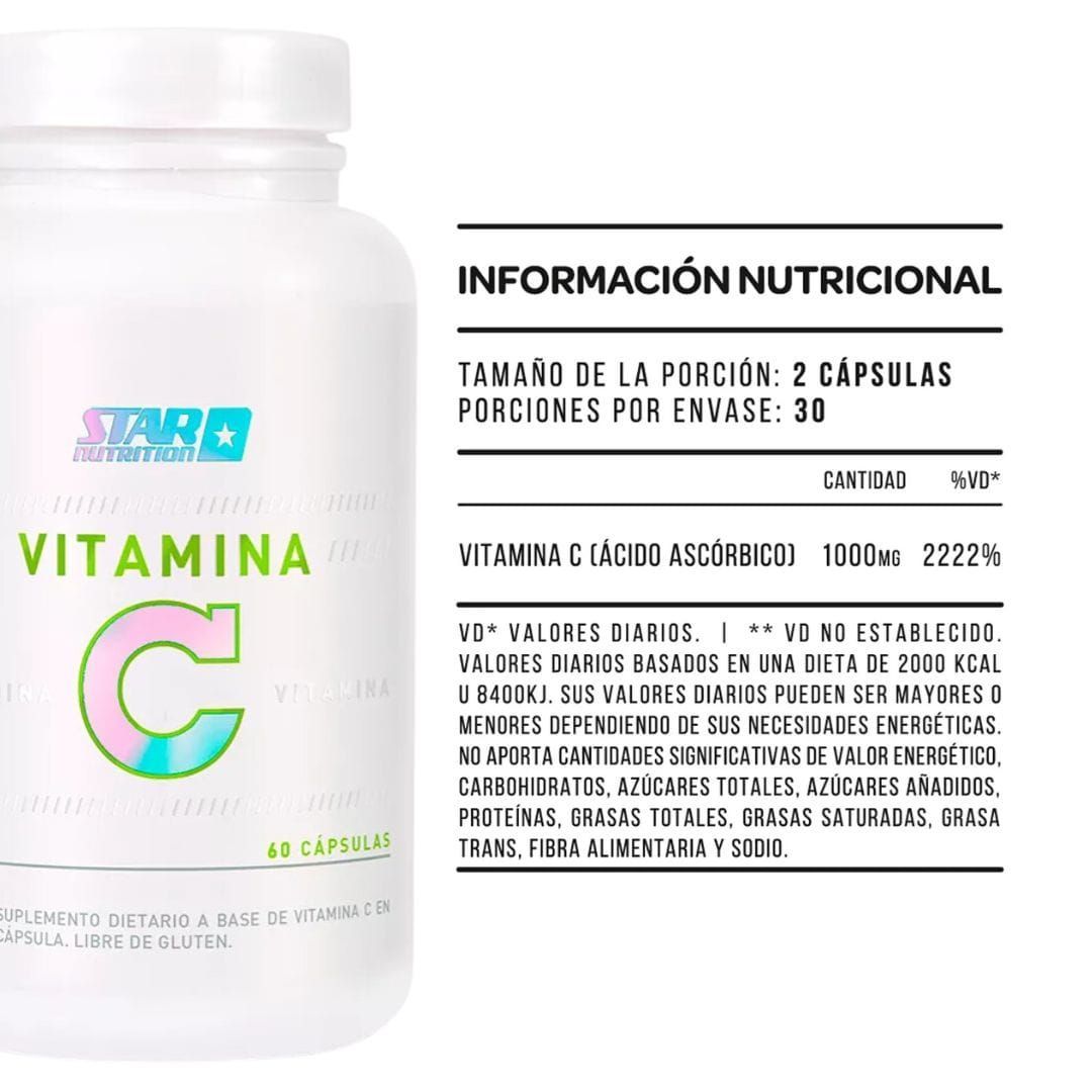 Frasco de suplemento de vitamina C e información nutricional.