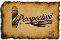 Logo for Perspective Barbershop featuring a barber pole and a straight razor on a weathered, aged paper background.