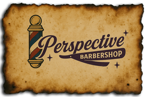 Logo for Perspective Barbershop featuring a barber pole and a straight razor on a weathered, aged paper background.