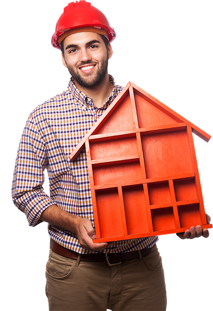 A man wearing a hard hat is holding a model house