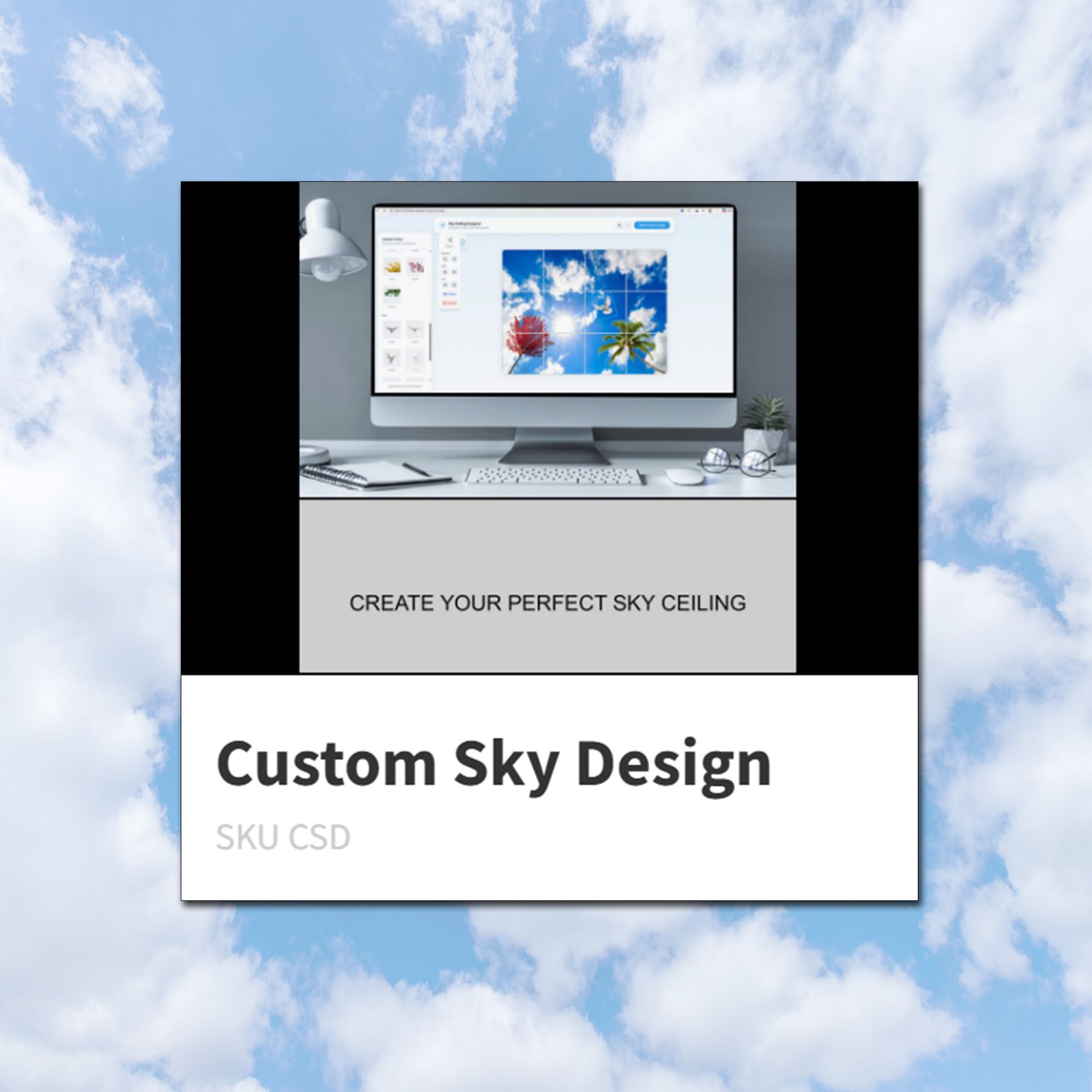 Sky ceiling designer interface shown on a desktop screen, used to create a custom LED sky ceiling design