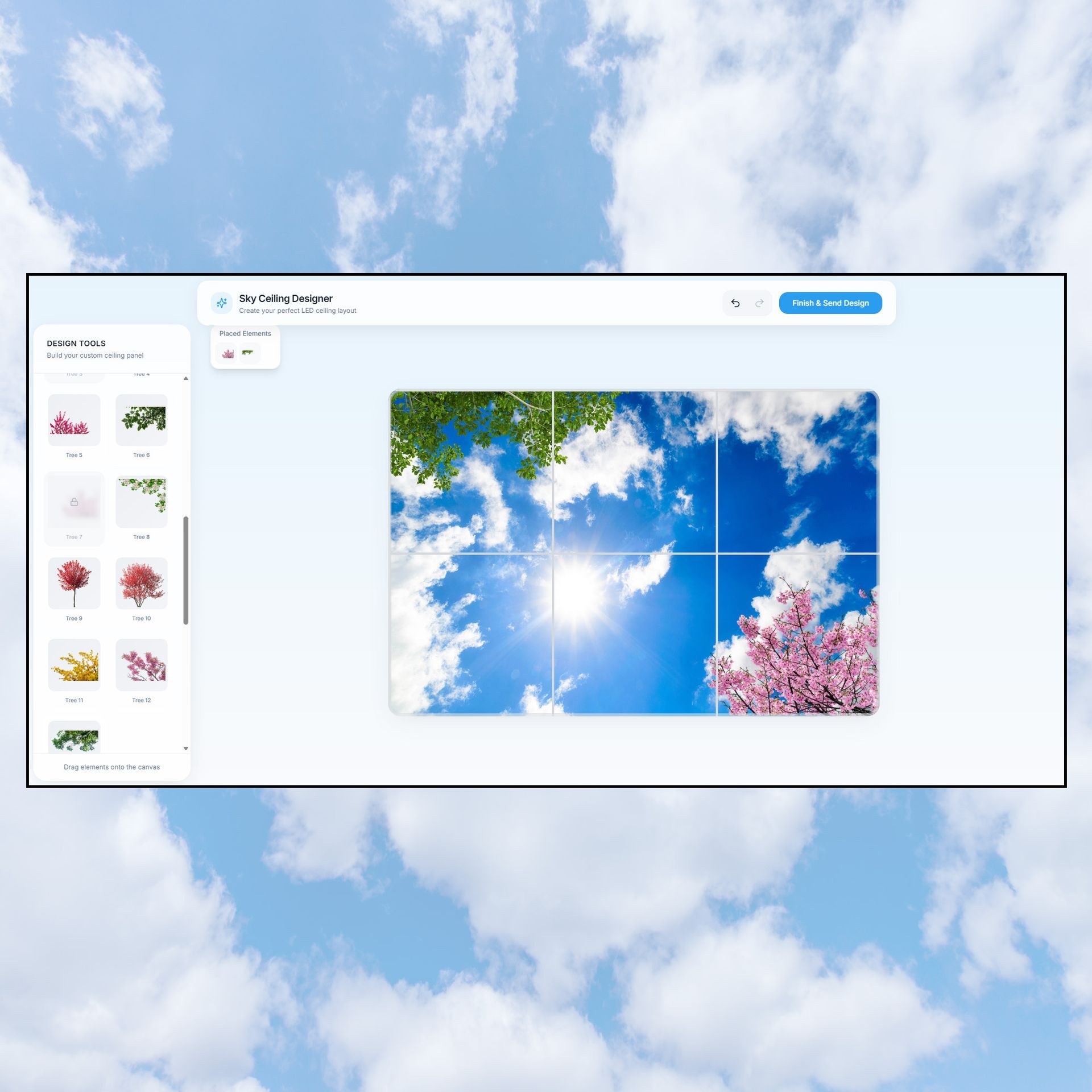 Sky ceiling designer with decorative tree elements added to a custom sky ceiling layout