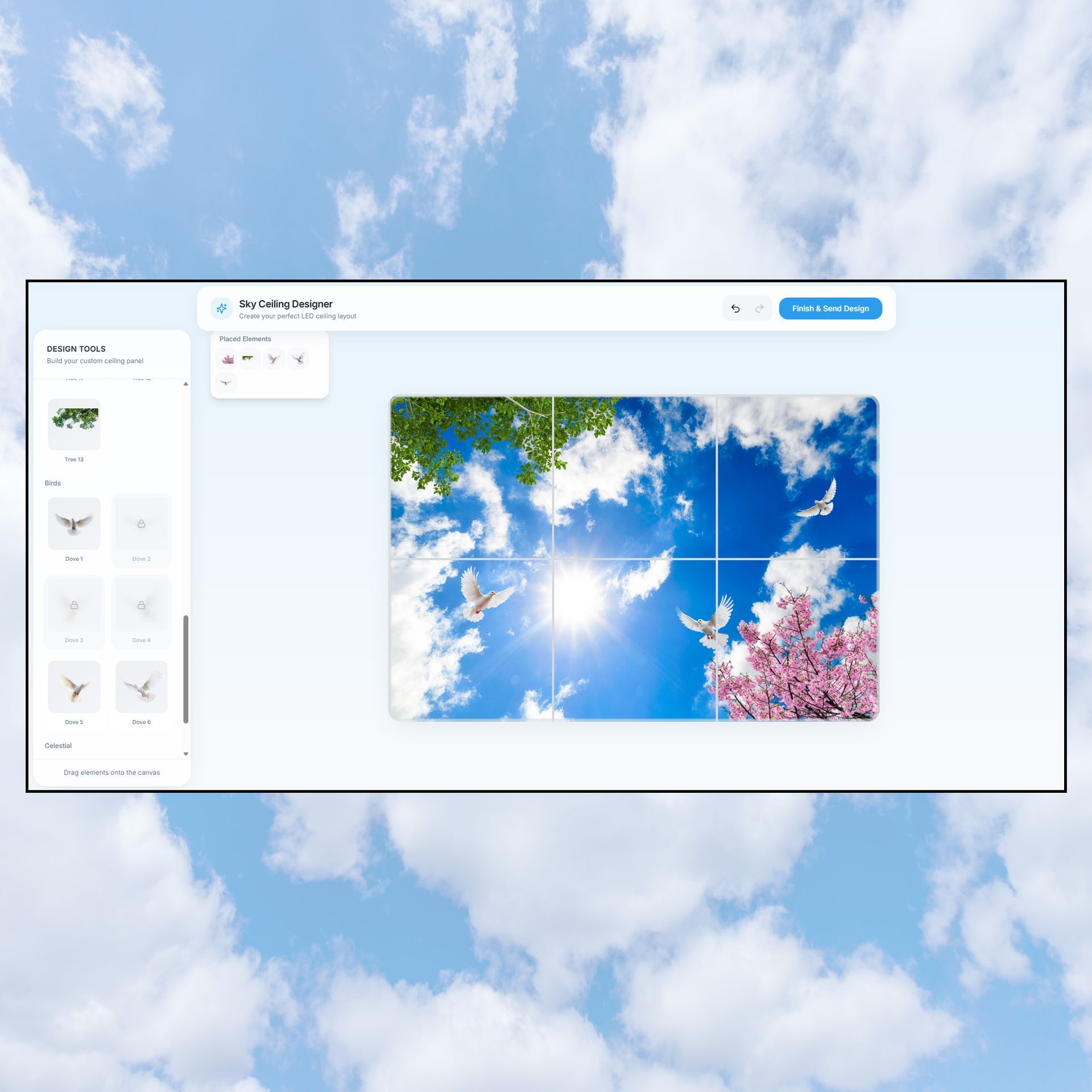 Sky ceiling designer displaying dove elements added to a custom LED sky ceiling design